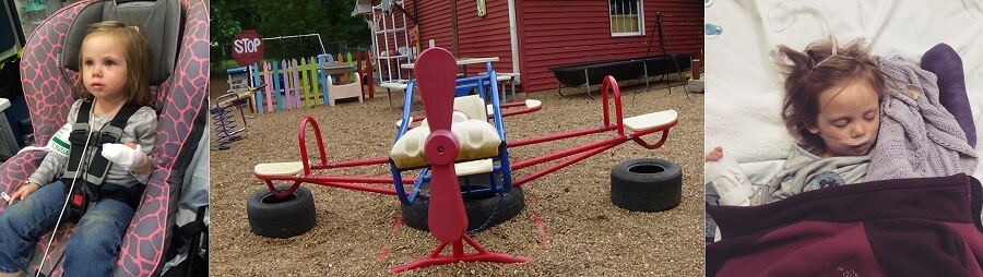 Brylee with injured finger and unsafe playground equipment
