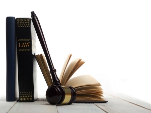 Law books with gavel
