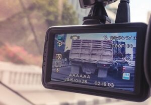 "Dash camera in police car recording car and truck accident"
