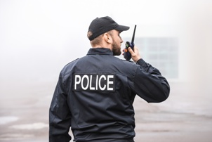 back of police officer talking on radio