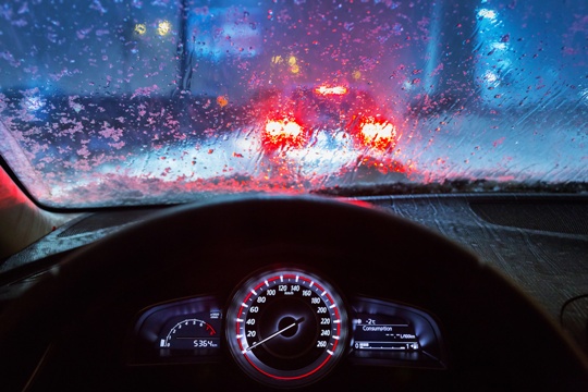 driver's view driving in rainstorm
