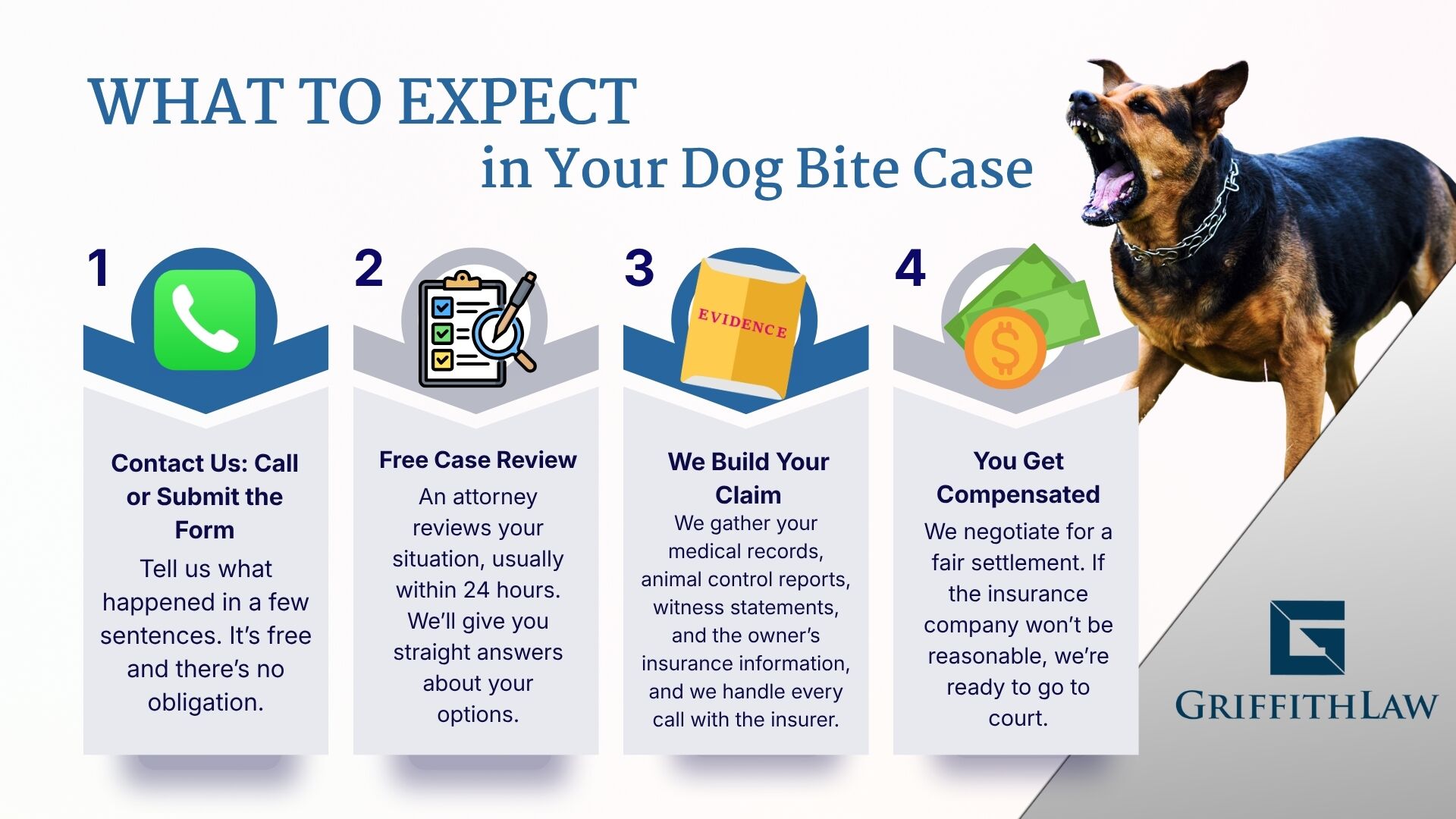 What to expect in your dog bite case with GriffithLaw: 1. Contact us by phone or form, 2. Free case review, 3. We build your claim, 4. You get compensated